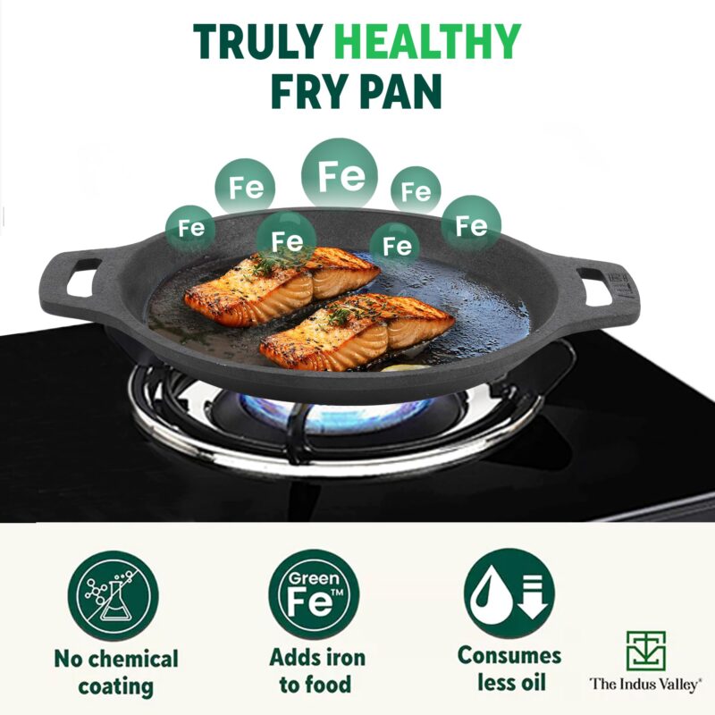 The Indus Valley Preseasoned Cast Iron Fish Fry Pan With Double Handle | Large 25Cm/ 9.8Inch, 2Kg | Induction Friendly | Nonstick Fish Fry Pan, 100% Pure & Toxin Free, No Chemical Coating, Black - Image 8