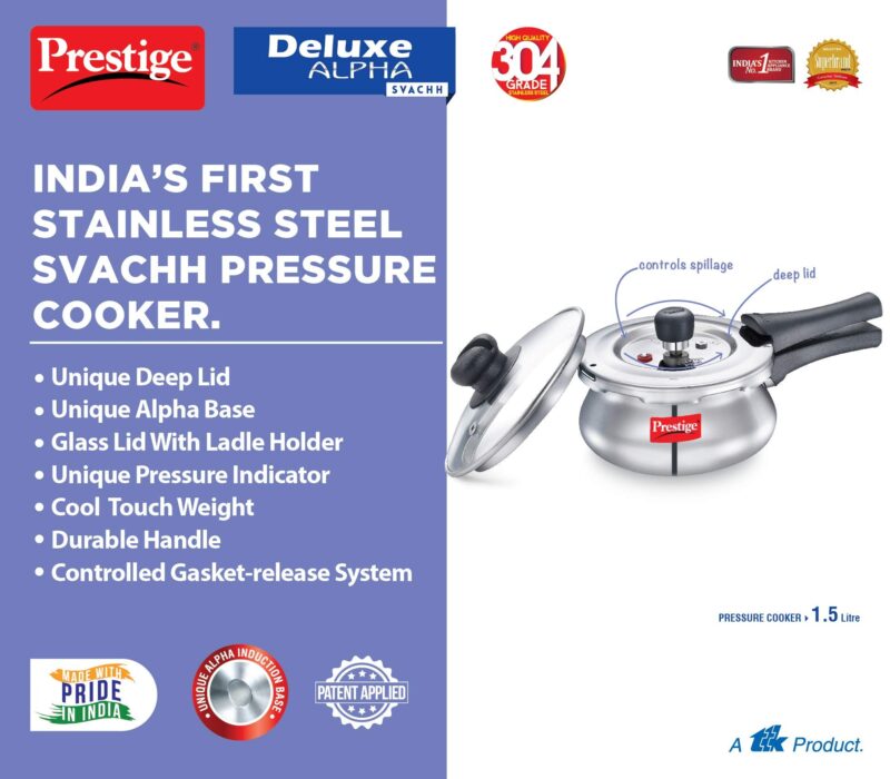 Prestige Deluxe Alpha Svachh Stainless Steel Pressure Cooker 1.5L With Glass Lid (With Deep Lid For Spillage Control ) - Image 6