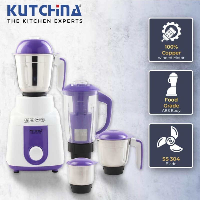 Kutchina Milano Excel Mixer Grinder 750 Watt with 4 Jars (Juicer Jar, Liquidizing, Wet Grinding, Chutney Jar) | Stainless Steel Blades | Mixer Grinder 750+ Watt | 2Yrs on Product, 5Yrs on Motor - Image 7