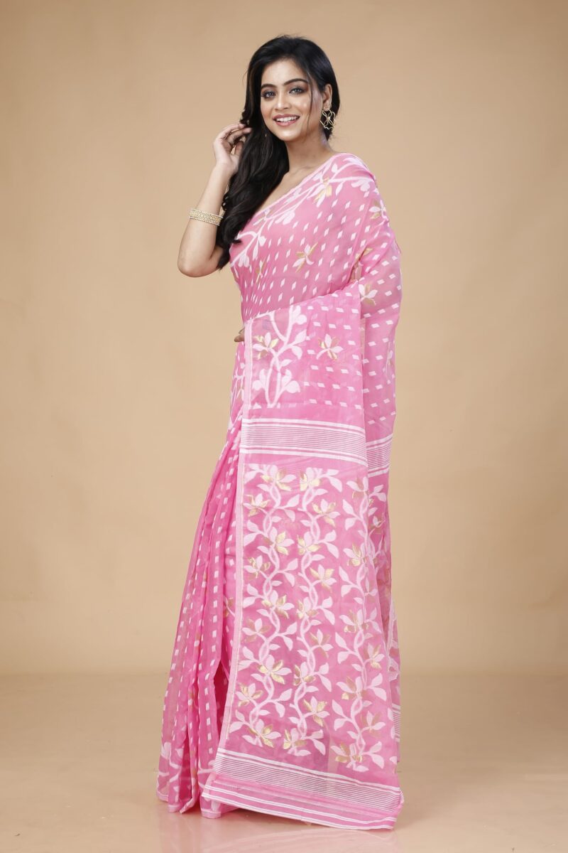 OISHANI SAREE GHOR Women's Traditional Bengal Cotton Silk Belpata Jamdani Saree (Pink) - Image 5
