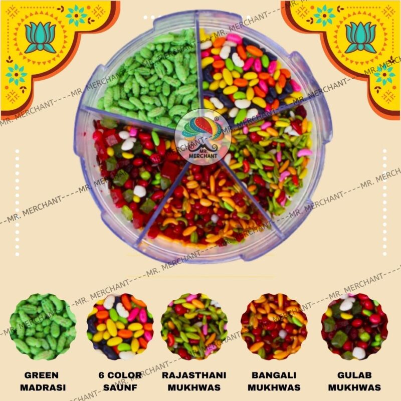 Mr. Merchant Mukhwas Mouth Freshener 5 in 1,(300g) Green Madrasi Saunf Mukhwas, Rajasthani Mukhwas, Gulab Mukhwas, Bangali Mukhwas and Colorful Sauf | Premium Mukhwas Mouth Freshener (Pack of 1) - Image 6