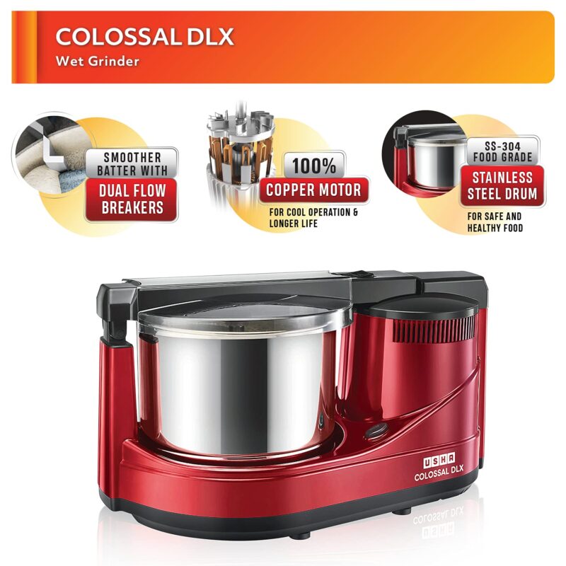USHA Colossal DLX Wet Grinder 150 W, 2 LTR, 100% Copper Motor and Dual Flow Breakers for Faster, Smooth Batter with Atta Kneader and Coconut Scrapper (Red) - Image 6