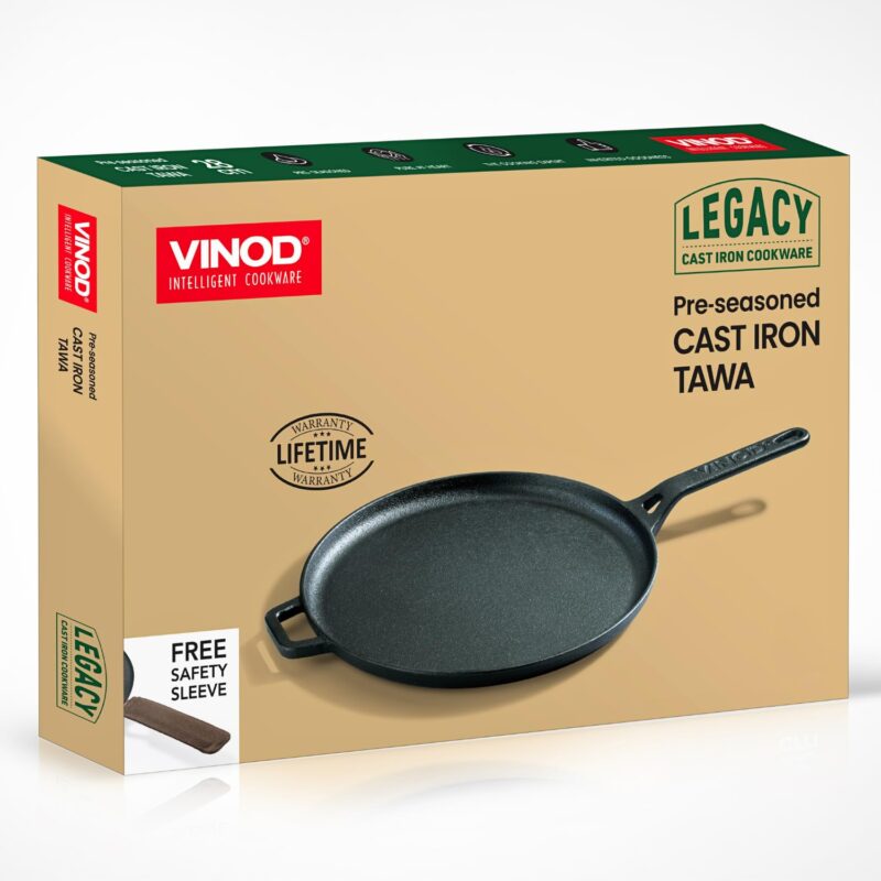 Vinod Legacy Pre Seasoned Cast Iron Flat Roti Tawa with Handle - 28 cm/Chapati, Dosa, Naan, Omlette Kallu Tava / 100% Pure Naturally Non Stick/Toxin & Rust Free/Gas Base - Image 4