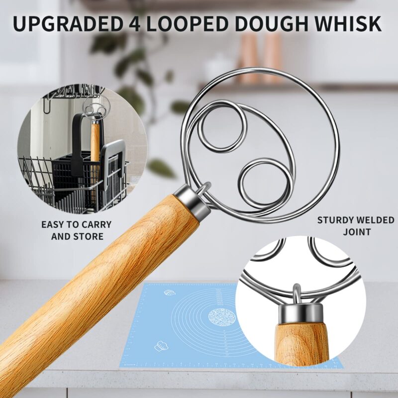 (More Efficient) TeeVea Danish Dough Whisk Stainless Steel Dutch Style Bread Dough Hand Mixer Blender Wooden Handle Kitchen Baking Tools Artisian Blender - Image 8