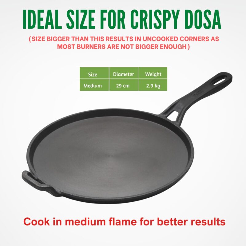 GREAT INDIAN KITCHEN Pre-Seasoned Cast Iron Tawa for Dosa/Roti | 29 Cm | Smooth Finish Dosa Tawa Cast Iron | Induction Compatible | No Chemical Coating | Cast Iron Tawa for Roti - Black - Image 2