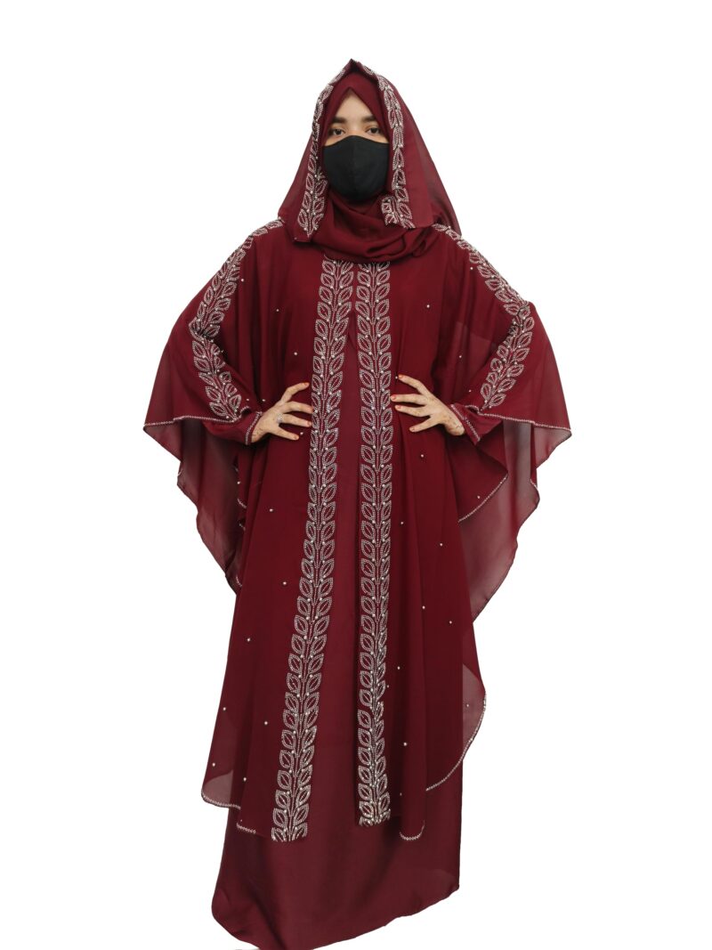 BURAQUE DESIGNER Nida fabric Free Size Muslim Burqa/Abaya & Burkha Dress for Muslim women and Girl's (F01-Maroon Leaf-Burkha) - Image 3