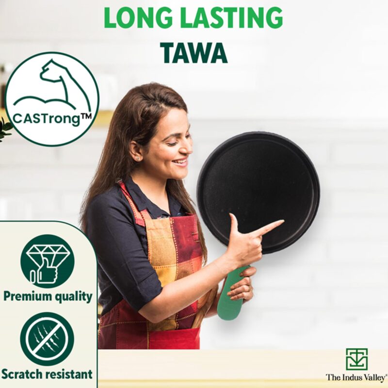 The Indus Valley Pre-Seasoned Cast Iron Tawa for Dosa/Chapathi with Silicone Grip | 25.5cm/10 inch, 2.1kg | Induction Friendly | Naturally Nonstick, 100% Pure & Toxin-Free, No Chemical Coating - Image 3