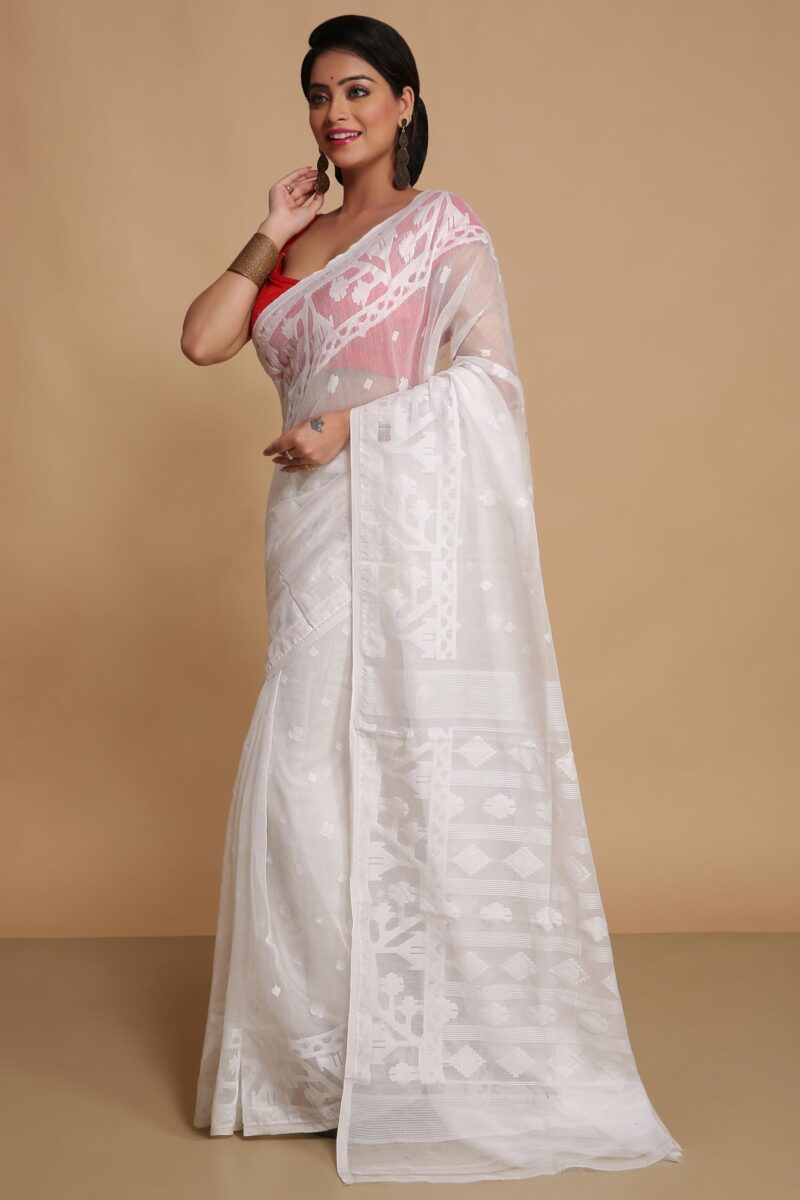 BENGAL HANDLOOM Women's Cotton Silk Dhakai Exclusive Softs Dual Color Jamdani Sarees (White White) - Image 5