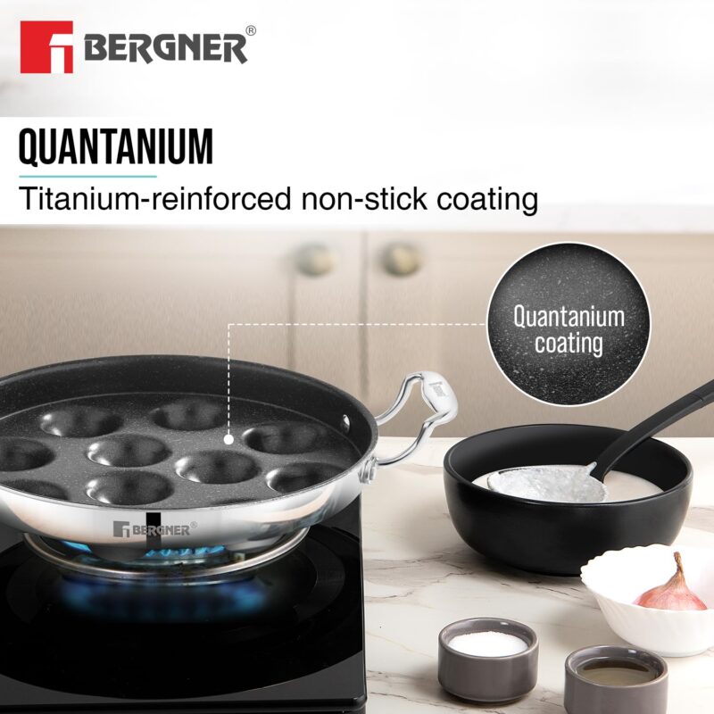 BERGNER Argent Samsara Triply Stainless Steel 11 Pits (25cm) Round Paniyarakkal with Glass Lid, Paniyaram with Quantanium Non-Stick Coating, Consumes Less Oil, Healthy Cooking - Induction Compatible - Image 4