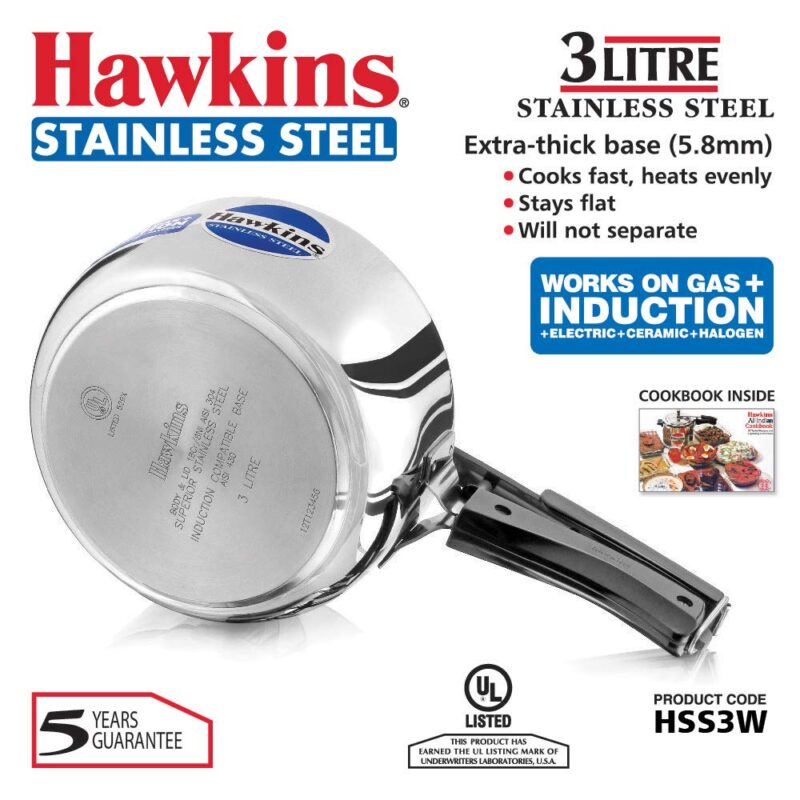 Hawkins 3 Litre Inner Lid Pressure Cooker, Stainless Steel Cooker, Wide Design Pan Cooker, Induction Cooker, Silver (HSS3W) - Image 7