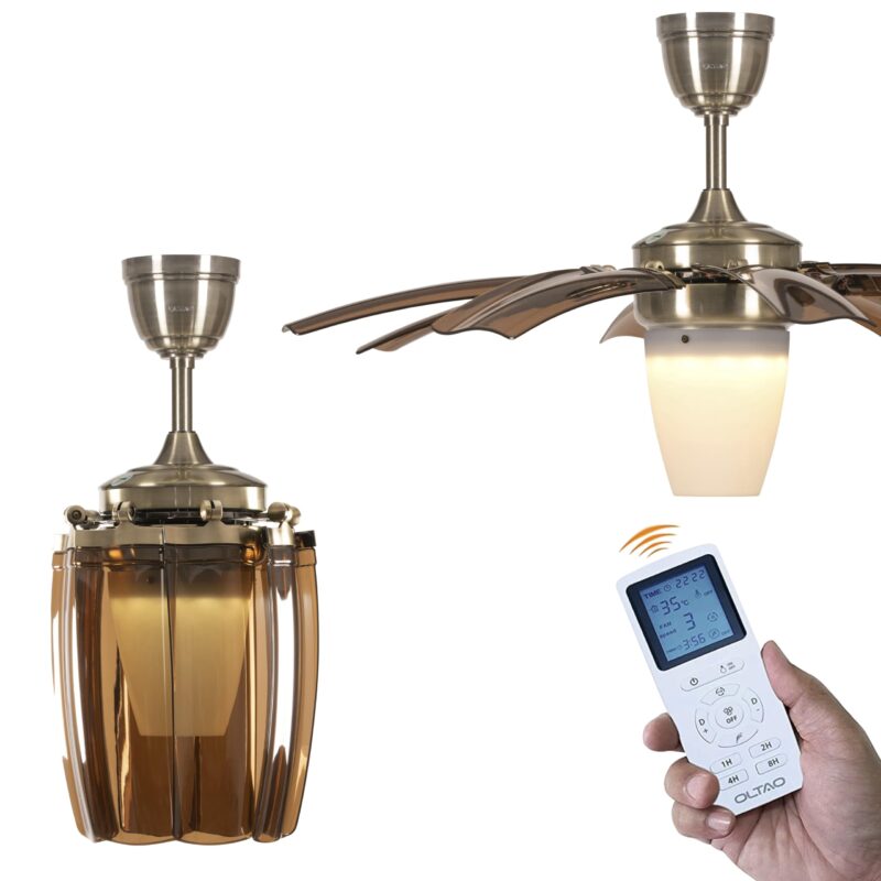 oltao Susan Chandelier Ceiling Premium Deluxe Fan - Golden Finish | with BLDC Motor, Reverse Air Flow for Summers & Winters, 8 Retractable Blades, LED Light & Remote Control