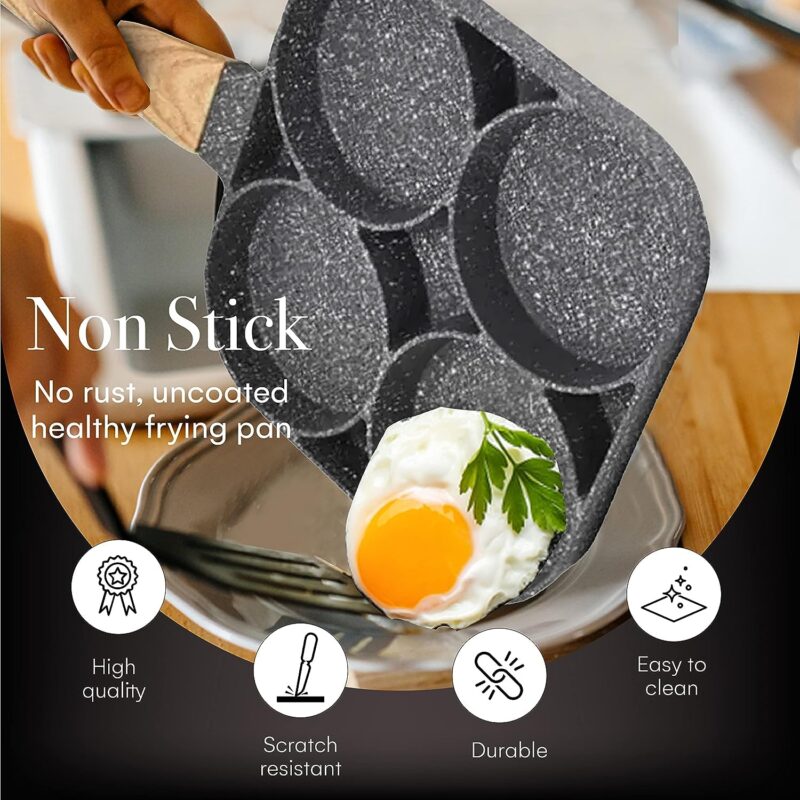 Cannagenix 4 Cups Egg Pan Omelette Pan Frying Pan Egg Frying Pan 4 Cup Crepe Pan Granite Egg Cooker Breakfast Pancakes Pan Suitable for Gas Stove & Induction Cookware (Wood Grain Handle) - Image 7