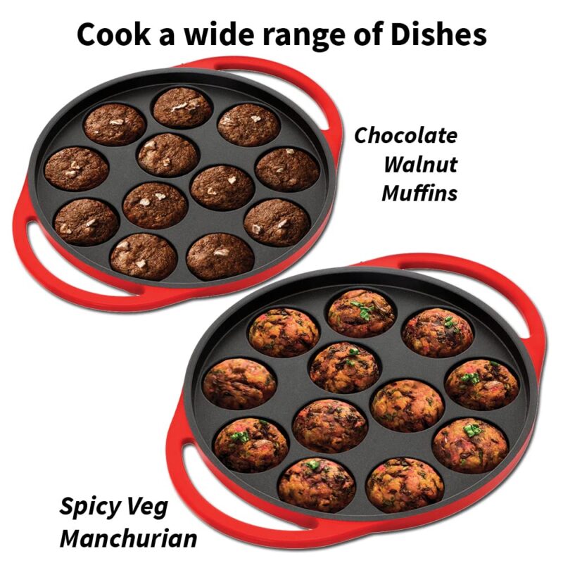 Hawkins Futura 26 cm Appe Pan, Non Stick Paniyaram Pan with Glass Lid, 12 Cups Paniyarakkal Ceramic Pan, Litti Pan, Kuzhi Paniyaram Pan, Ponganalu Pan, Red (NAPE26G) - Image 4