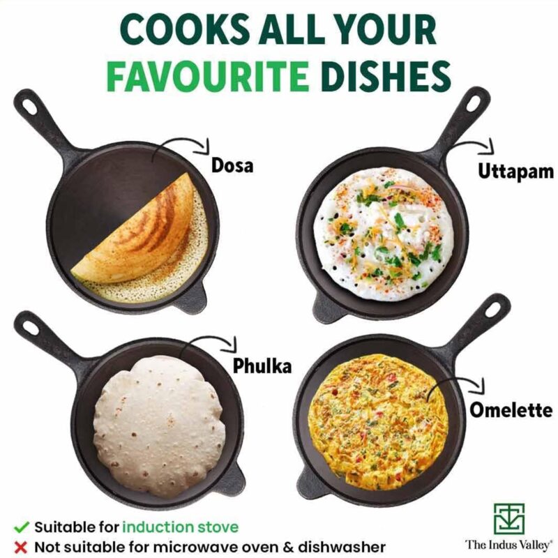The Indus Valley Super Smooth Cast Iron Cookware Set | Tawa (26.2 Cm) + Kadai (26.1 Cm) + Fry Pan (24.8 Cm) | Pack Of 3 | Pre-Seasoned Cookware, 100% Pure & Toxin-Free, No Chemical Coating, Black - Image 3
