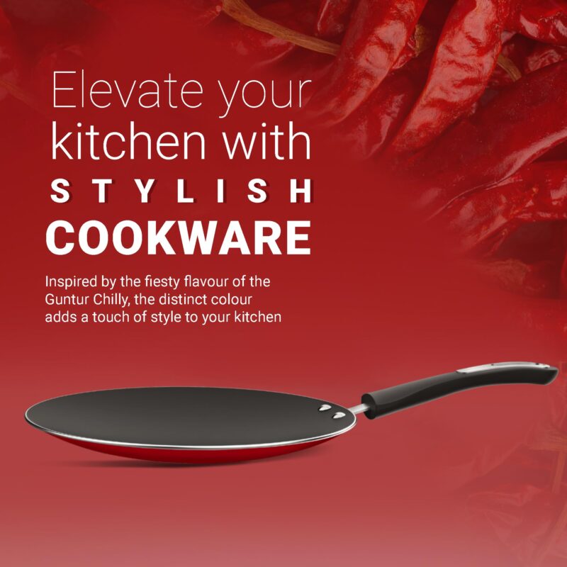 Preethi Dura Collectiona Non Stick Concave Tawa, 28 cm, Gas & Induction Compatible, 5 Star Non Stick Effect, Chilly Red - Image 3