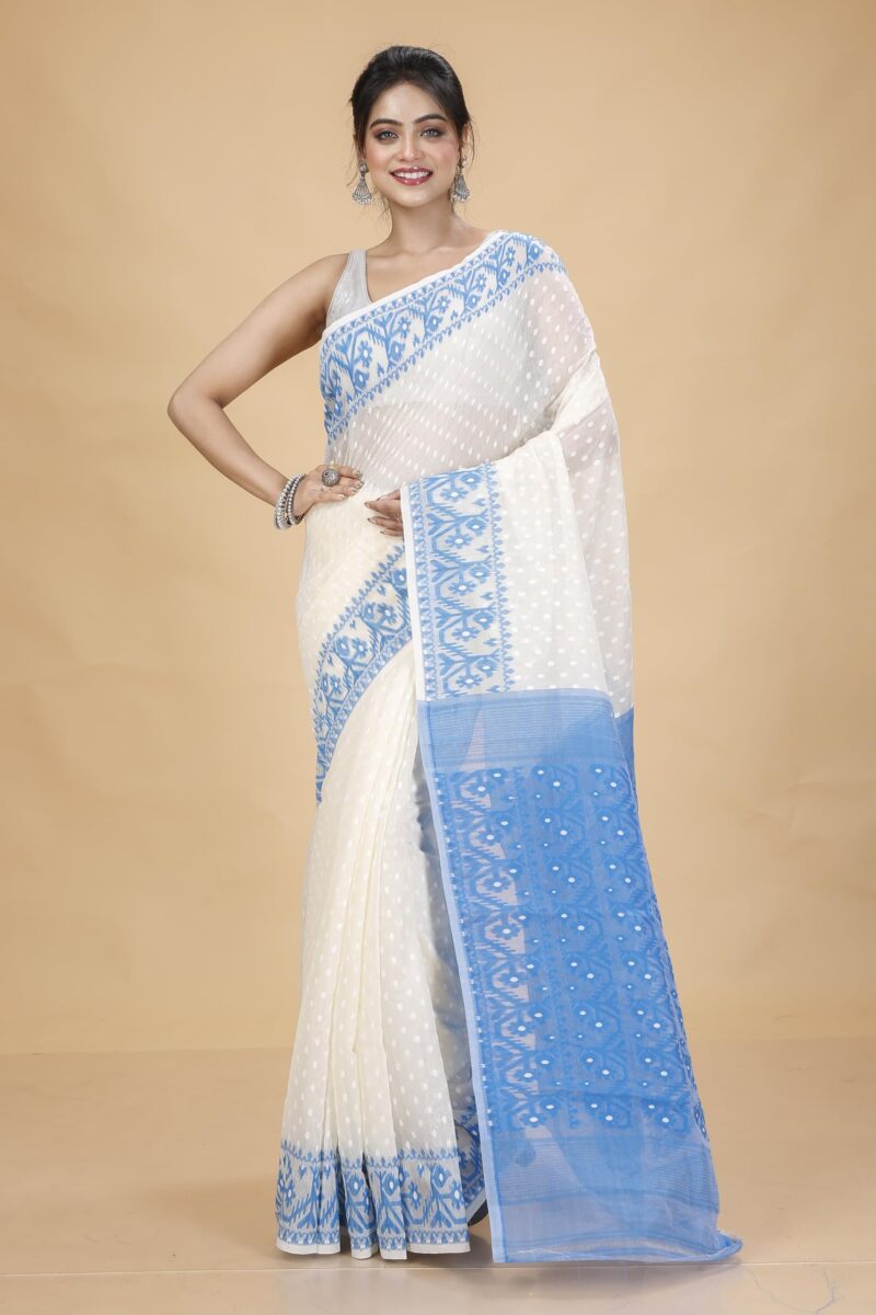 Tant Vastra Women’s Soft Resham Dhakai Ball Work Jamdani Saree without Starch And Without Blouse Piece (Steel) (White-Light Blue) - Image 2