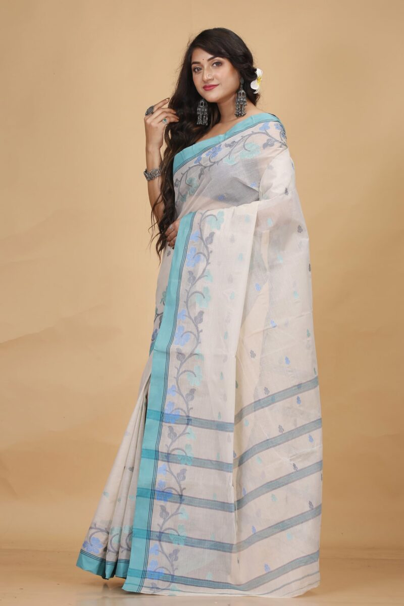 Tant Story Women's Traditional Bengal Trending Tant Handloom Pure Cotton Tangail Saree without Blouse Piece (Off White) - Image 4