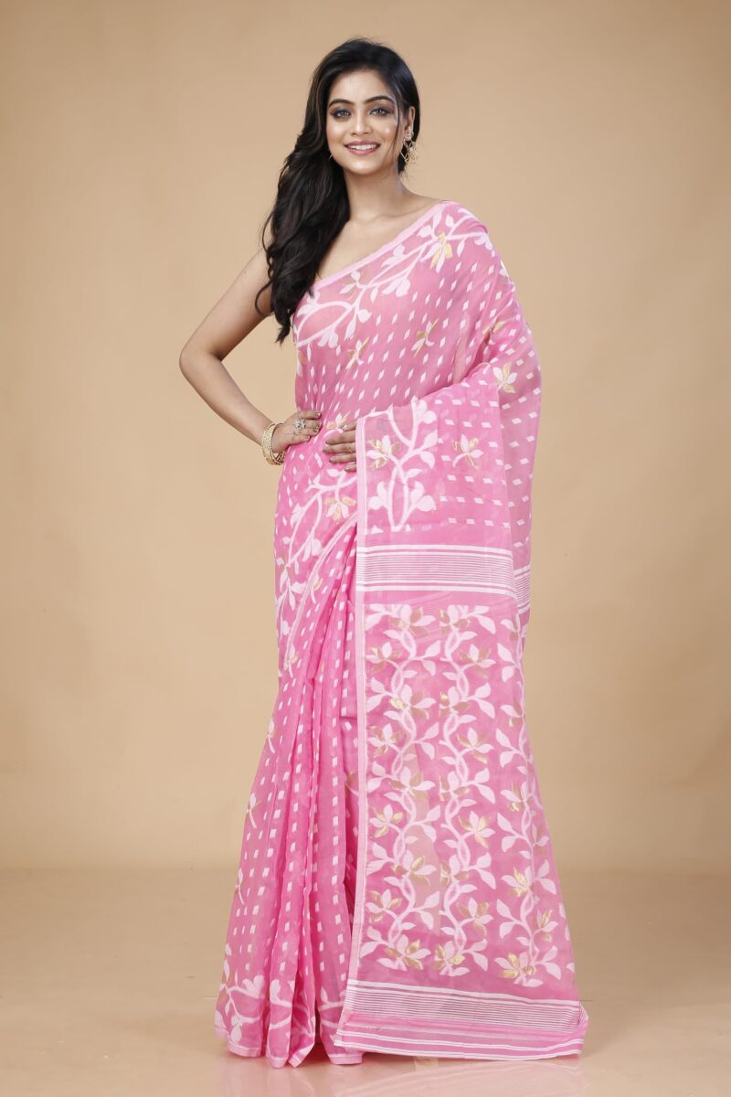 OISHANI SAREE GHOR Women's Traditional Bengal Cotton Silk Belpata Jamdani Saree (Pink) - Image 2