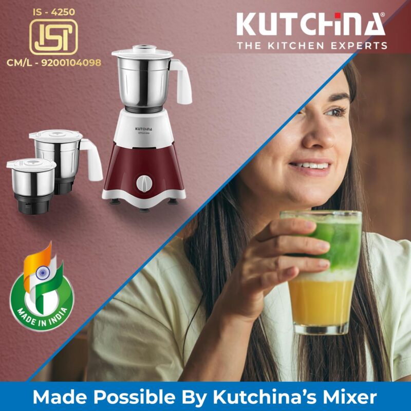 Kutchina Stylo 500 Hygrade Motor Mixer Grinder 500 Watt with 3 Jars (Liquidizing, Wet Grinding, Chutney Jar) | Stainless Steel Blades | Mixer Grinder 500+ Watt | 2 Years on Product - Image 5