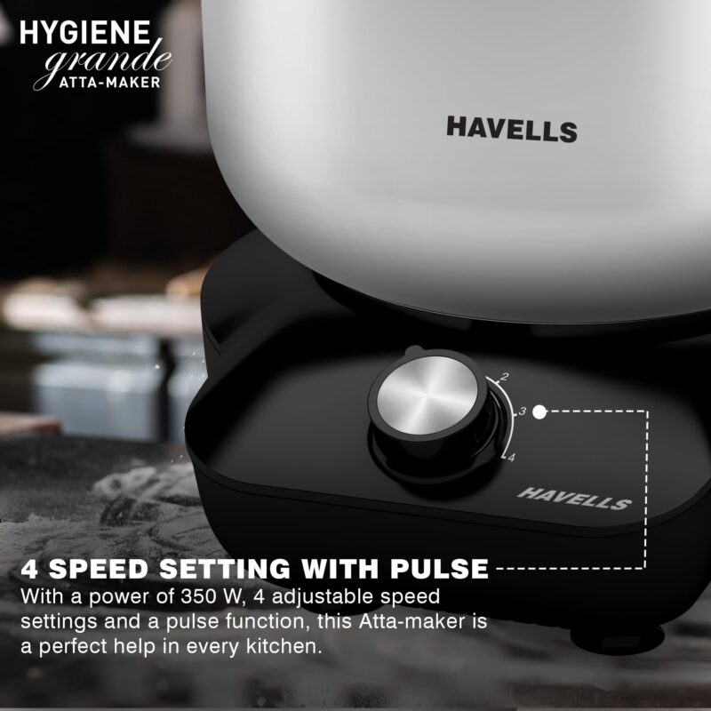 Havells Hygiene Grande Atta Kneader Dough Maker with 5L SS Bowl, Up to 1 KG Dough Maker, 4 Speed, Aluminium Dough Hook, Transparent Anti Splatter Lid with Lock, Hands Free Operation, 2 Yr Warranty - Image 6