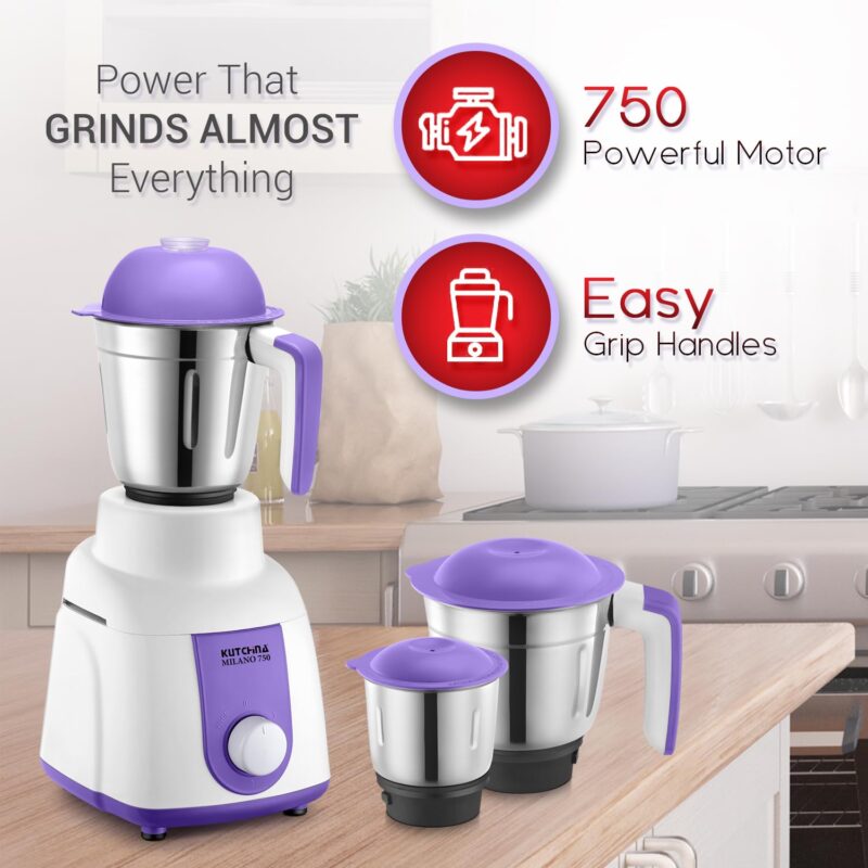Kutchina Milano 750 Hygrade Motor Mixer Grinder 750 Watt with 3 Jars (Liquidizing, Wet Grinding, Chutney Jar) | Stainless Steel Blades | Mixer Grinder 750+ Watt | 2 Years on Product, 5 Years on Motor - Image 5