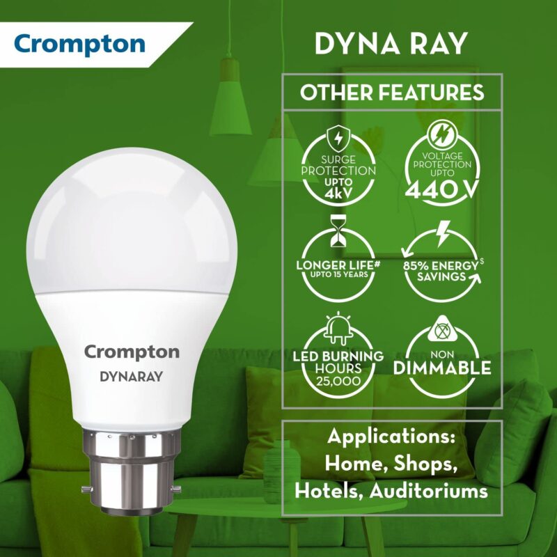 Crompton Dyna Ray 9W Round B22 LED Cool Day Light Pack of 10 - Image 4