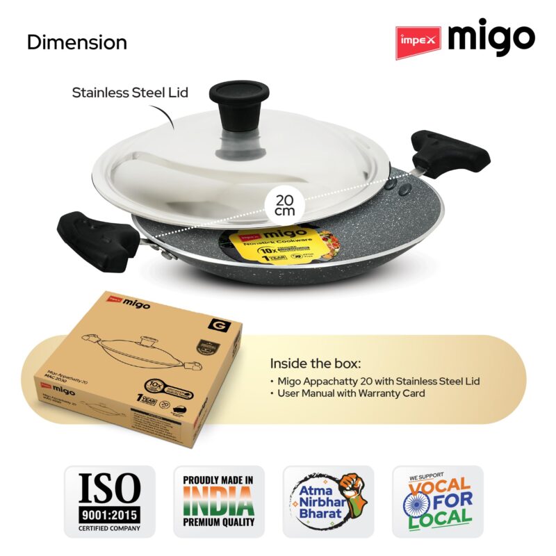 Impex Nonstick Granite Appachatty with Lid | Aluminium Non Stick Appam Pan with Stainless Steel Lid | Aluminium Appam Pan 200 mm | 1 Year Warranty - Image 3