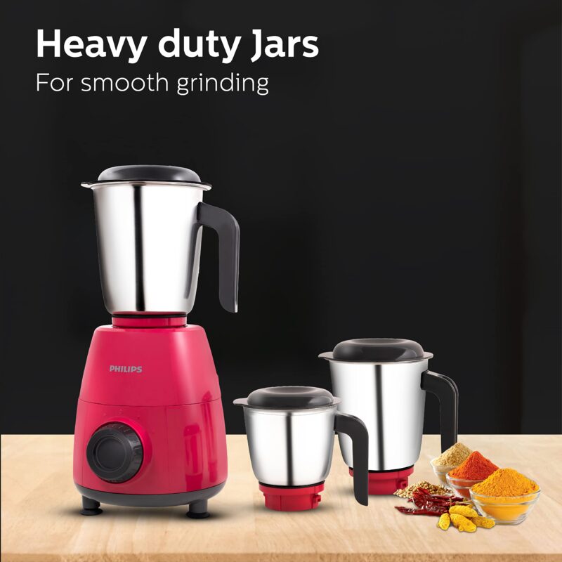 PHILIPS HL7505/02 Mixer Grinder, 500W Endura Motor with rapid cool motor technology, 3 heavy duty and leak proof Jars, Strawberry, Red - Image 3