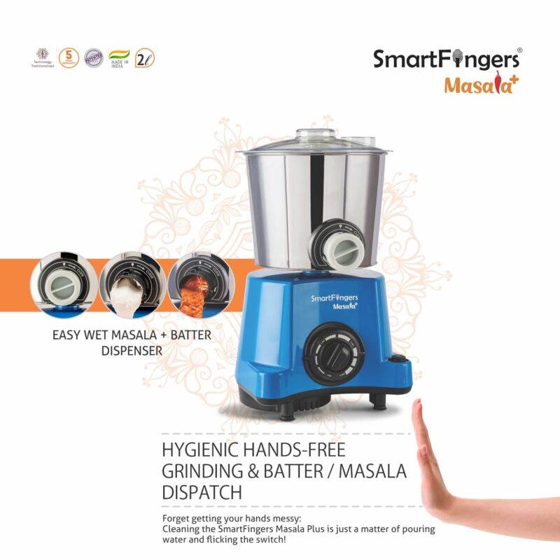 SmartFingers Masala + Table Top Masala Wet Grinder 230V 50hz, 2 Liter, Blue - Image 6