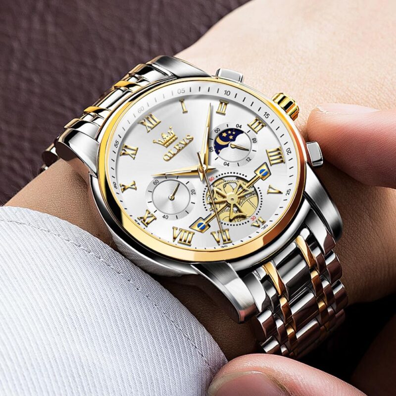 OLEVS Watches for Men Chronograph Business White Wrist Watches Analog Quartz Moon Phase Stainless Steel Waterproof Luminous Dress Watches - Image 7