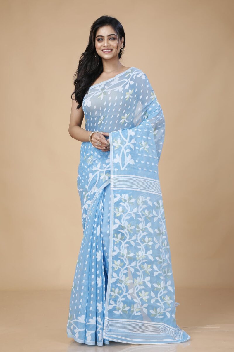 OISHANI SAREE GHOR Women's Traditional Bengal Cotton Silk Belpata Jamdani Saree (Sky Blue) - Image 2