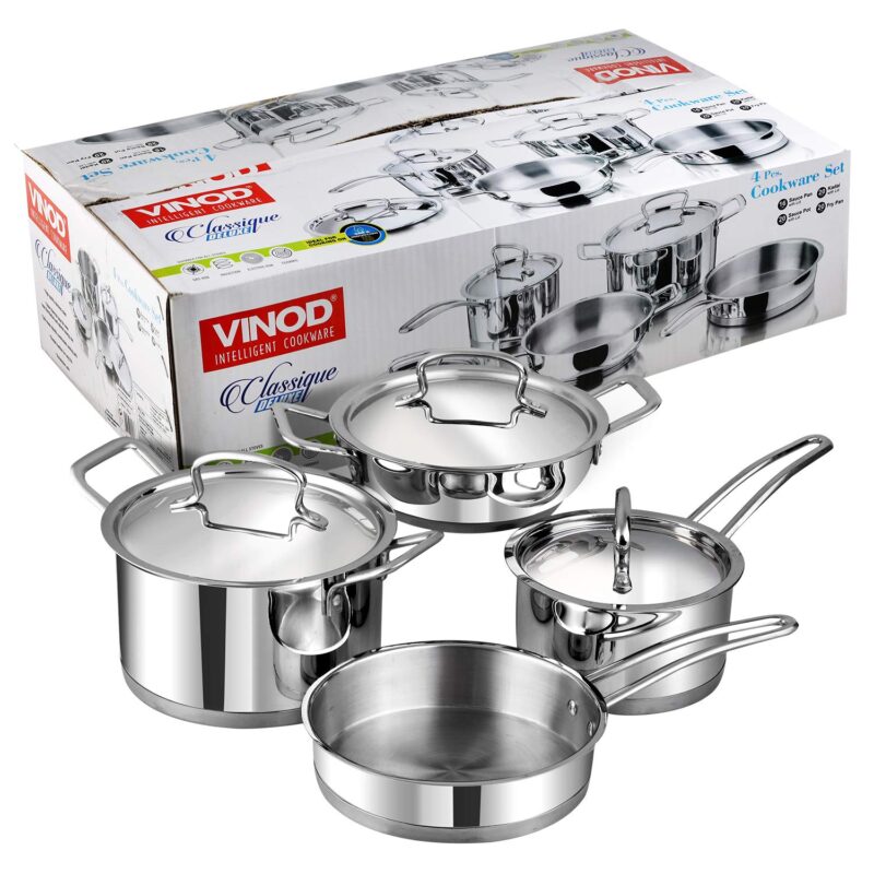 Vinod Cookware Classic Deluxe Stainless Steel Induction Friendly 4 Pcs. Set (16cm Saucepan with Lid, 18cm Sauce Pot with Lid, 20cm Kadai with Lid, 20cm Fry Pan Without Lid) - Image 2