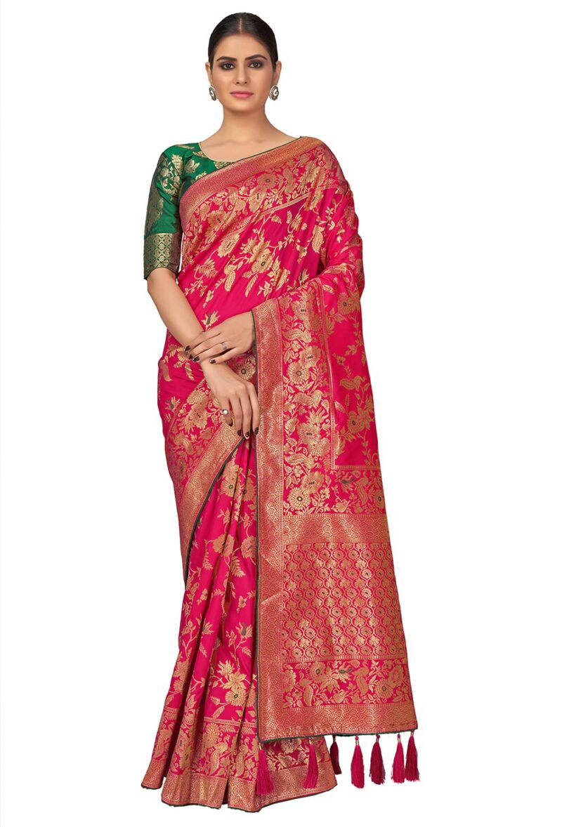 Monjolika Fashion Women's Banarasi Silk Blend Woven Zari With Tussles Saree and Jacquard Woven Blouse Piece (37765 color) (Magenta) - Image 8
