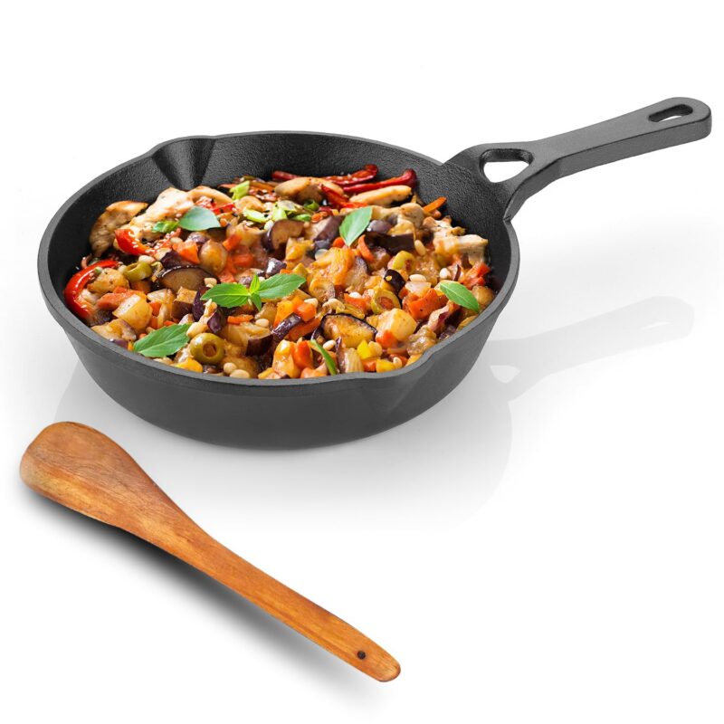 Lifelong Cast Iron Fry Pan 8 Inch (20mm) with Wooden Spatula | 2Ltr, 3kg Pan | Non-Stick Pre-Seasoned 100% Toxin & Teflon Free & Durable | Skillet for Cooking, Searing, Sautéing, & Frying