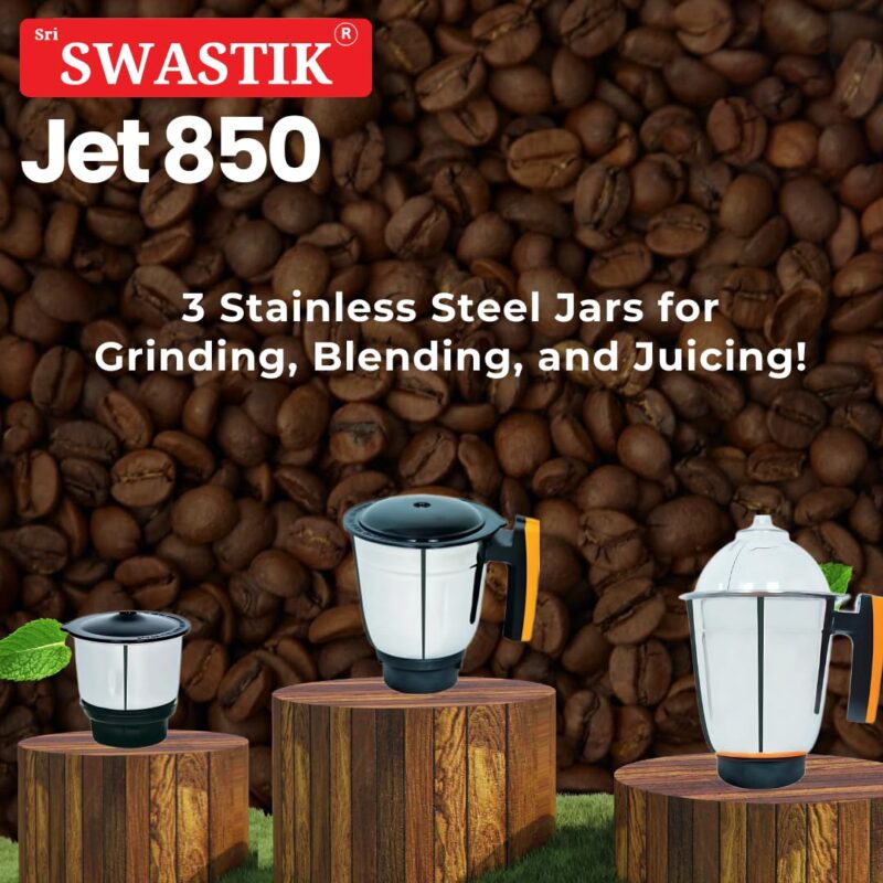 Sri Swastik Jet 850 Mixer Grinder | 850W Heavy-Duty Motor | 3 Stainless Steel Jars | Orange - Image 3