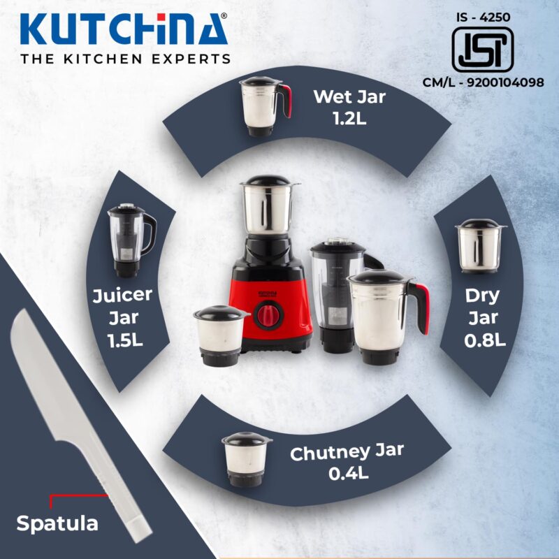 Kutchina Grindo Excel Mixer Grinder 500 Watt with 4 Jars (Juicer Jar, Liquidizing, Wet Grinding, Chutney Jar) | Stainless Steel Blades | Mixer Grinder 500+ Watt | 2Yrs on Product, 5Yrs on Motor - Image 6
