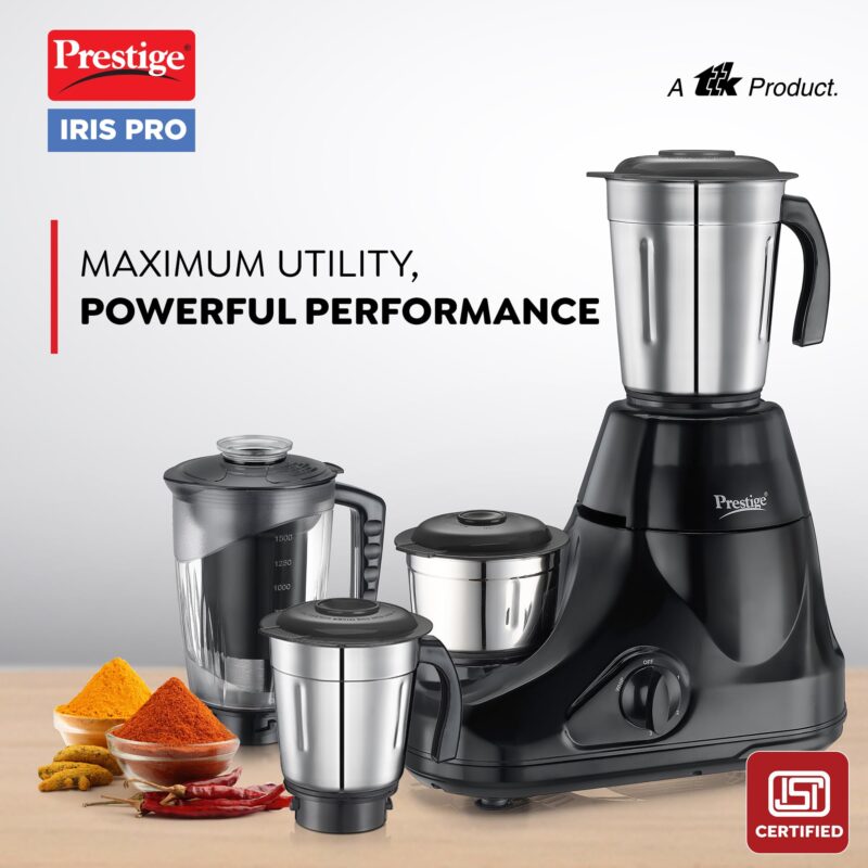 Prestige Iris Pro 750 Watts Mixer Grinder with 4 Jars (3 Stainless Steel Jars + 1 Juicer Jar)|4 Super-Efficient Stainless Blades |Jar Storage Space Sturdy Handles |2 Years Warranty |Black - Image 6