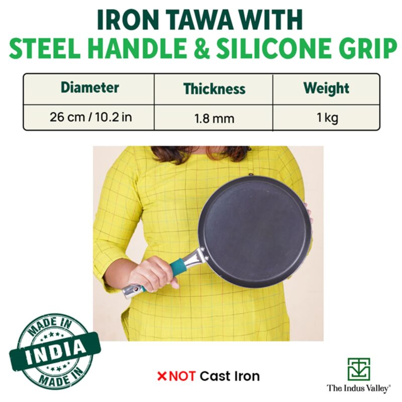 The Indus Valley Pure Iron Flat Tawa With Silicone Grip | 26Cm/10.2 Inch, 1Kg | Induction Friendly | 100% Pure & Toxin-Free, No Chemical Coating,Multicolor - Image 8
