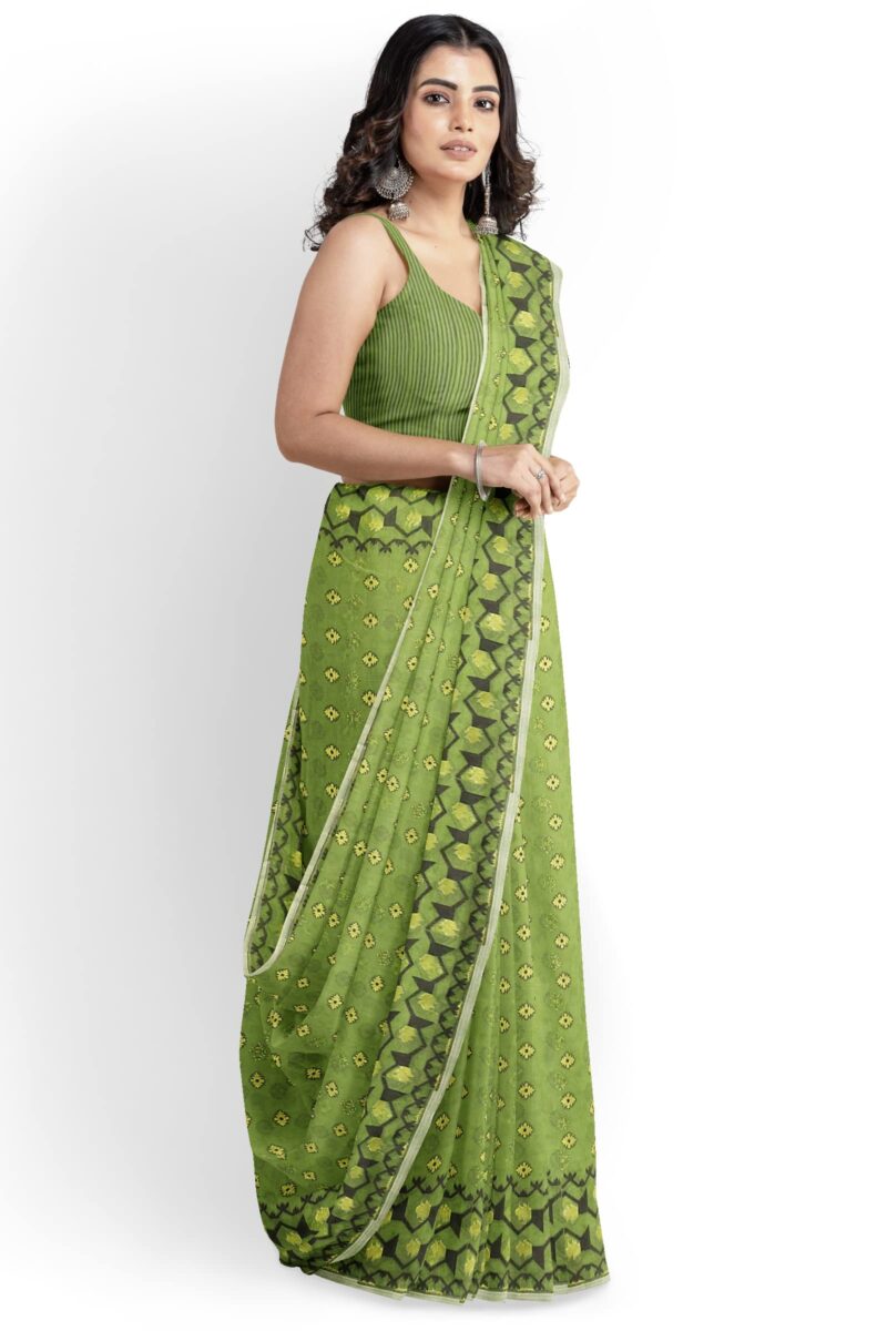 Saree Niketan Women's Traditional Bengal Cotton Silk Dhakai Jamdani Saree. (Green) - Image 7