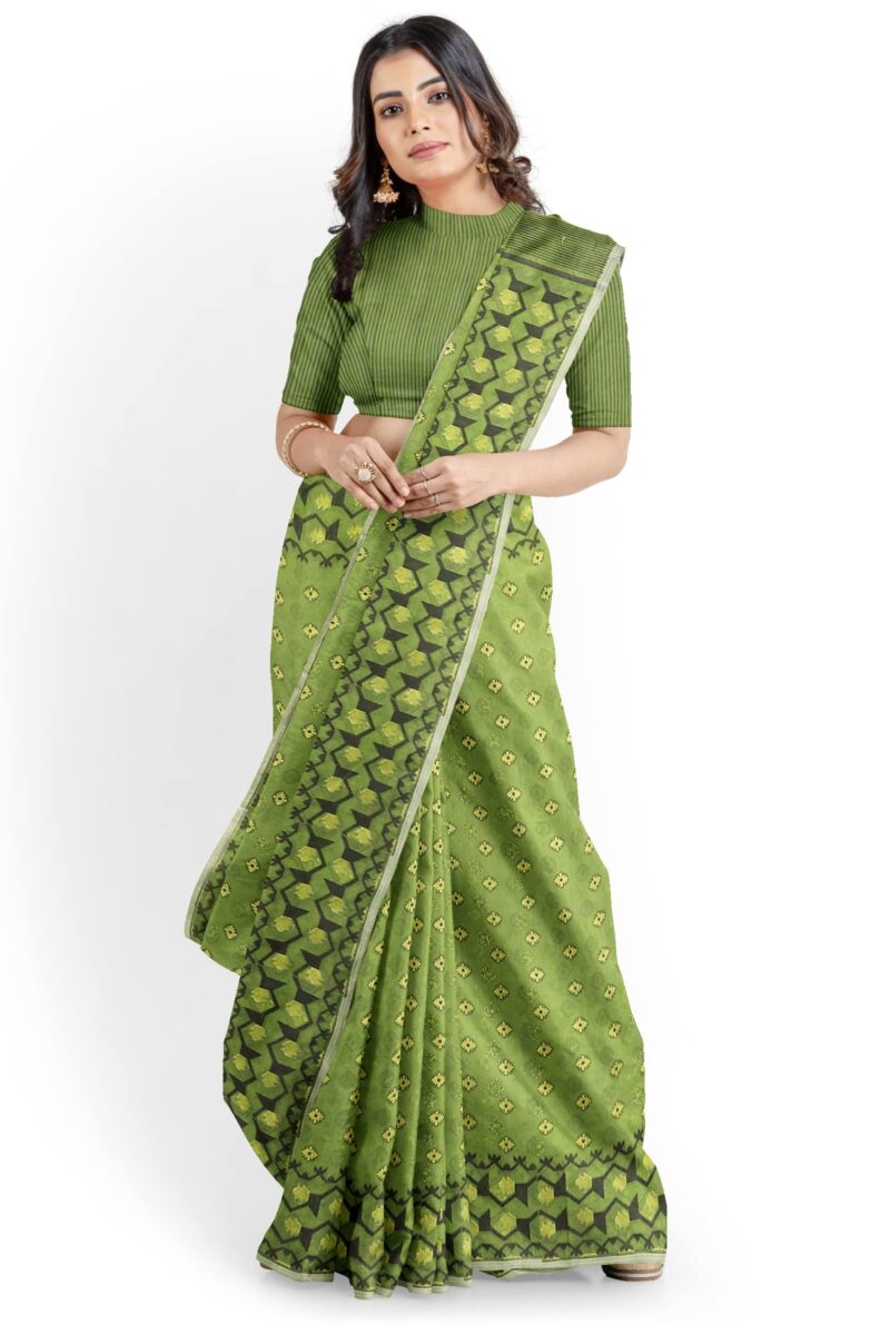 Saree Niketan Women's Traditional Bengal Cotton Silk Dhakai Jamdani Saree. (Green) - Image 8