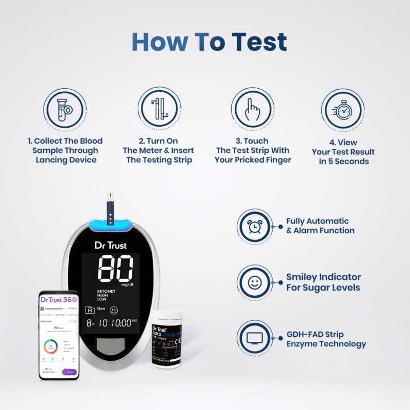 Dr Trust USA Gold Standard Blood Glucose Test Strips Plus Lancets - 50 Strips (Black) - Image 3