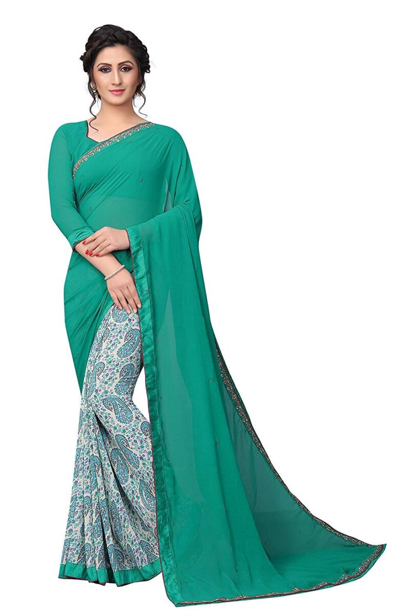 RAJESHWAR FASHION WITH RF Women's Half &Half Georgette Printed Saree With Lace & Blouse(A29 FIROZI RAMA_Free Size)