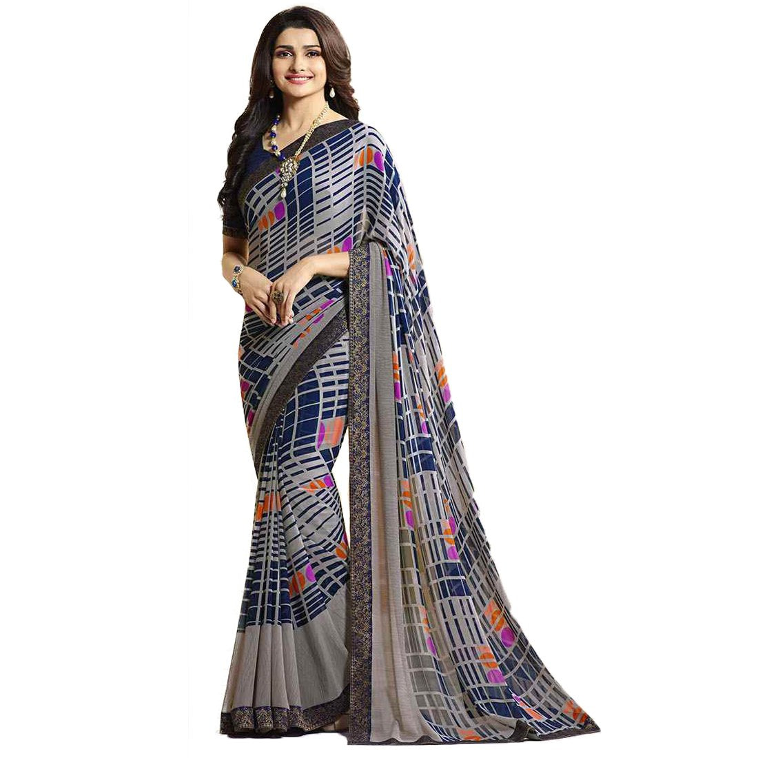 RAJESHWAR FASHION WITH RF Women’s Block Printed Georgette Sarees For Women With Jacquard Lace Border & Blouse(A16 ROYAL BLUE_Multicolored_Free Size 6.30 Mtr)