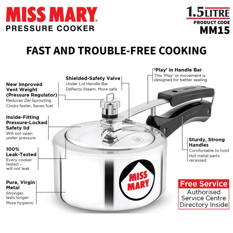 Hawkins 1.5 Litre Miss Mary Aluminium Pressure Cooker, Small Inner Lid Cooker, Silver (Mm15), 1.5 Liter - Image 8