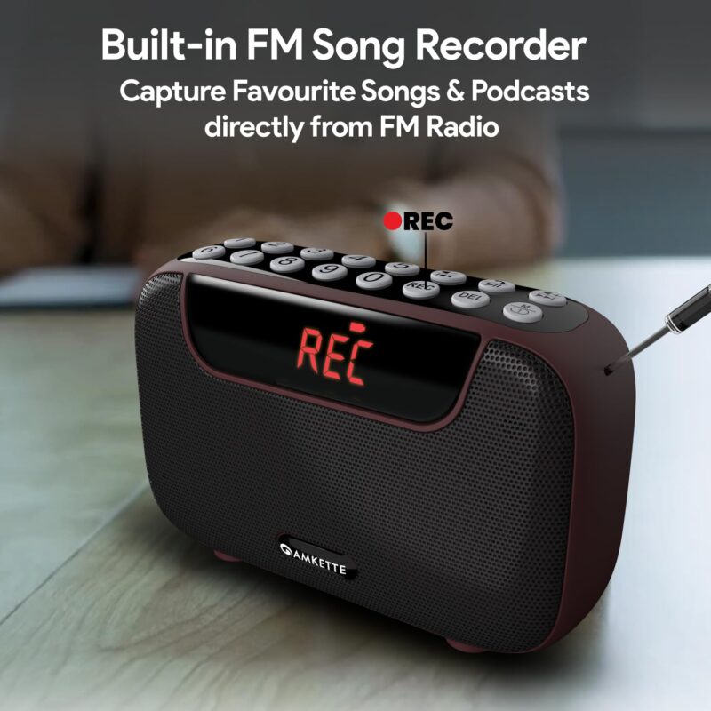 Amkette Pocket Blast 5 in 1 FM Radio with Bluetooth, Powerful Sound, Voice & FM Recording, External Antenna, 7+ Hours Playback, MP3 Player with Number Pad (AUX, SD Card, USB Input) (Brown) - Image 2