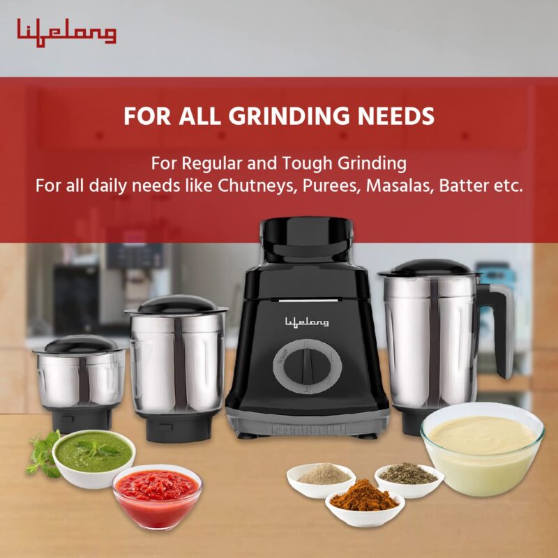 Lifelong LLMG76 750 Watt Mixer Grinder|3 Jars (Liquidizing, Wet Grinding and Chutney Jar)| Stainless Steel blades| 3-Speed & Pulse Function| Anti-Skid Feet| 1 Year Warranty (Black) - Image 3