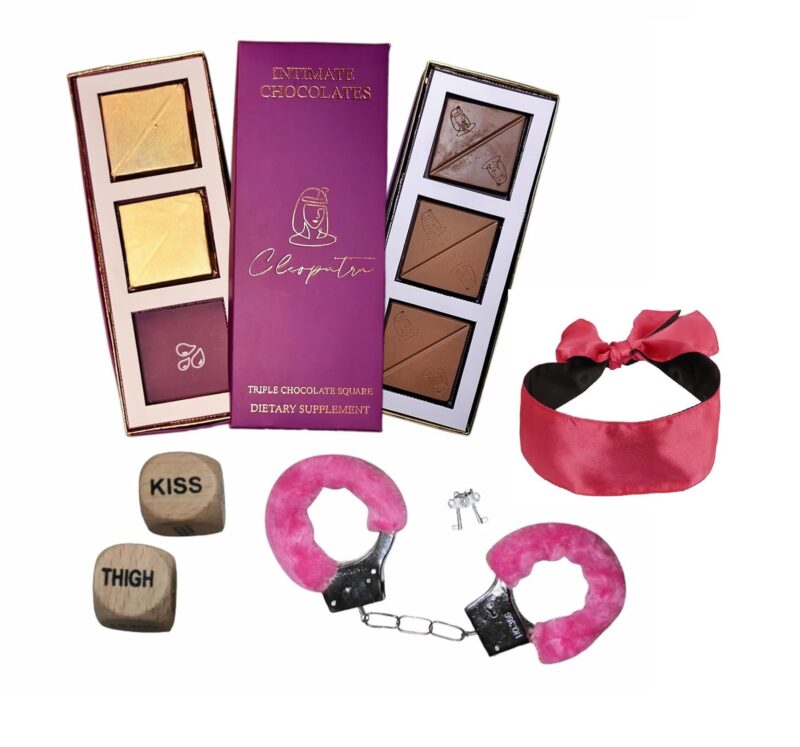Cleopatra Intimate Chocolate Bars For Uplifting Mood, Vitality, More Desire & Enjoyment Best Gift Set Ideal For Men & Women, 60g With 1 Handcuffs (Hathkadi), 1 Blindfold & 2 Dice