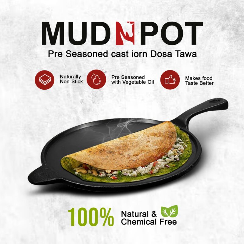 MUD N POT Pre Seasoned Cast Iron Dosa Tawa/Roti Tawa | Long Handle Pan | 10.5 inches Diameter | Naturally Seasoned with Vegetable Oil | Non Toxic| Vintage - Image 5