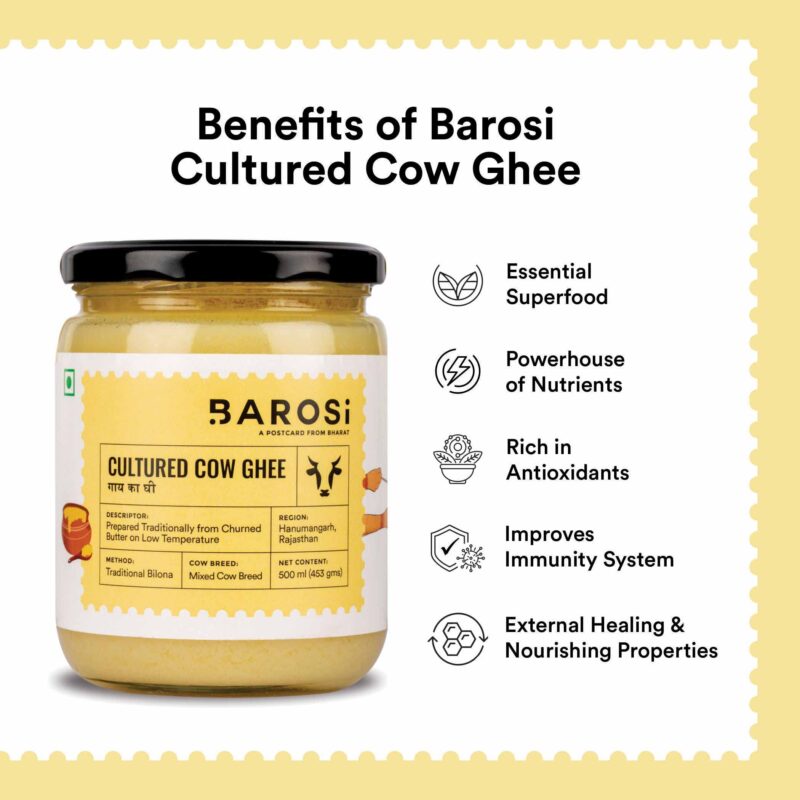 Barosi Premium Cultured Desi Cow Ghee 500 ml | Vedic Bilona Method | Churned from Curd | Pure & Natural | Farm Made in Small Batches | Glass Jar Packing - Image 3