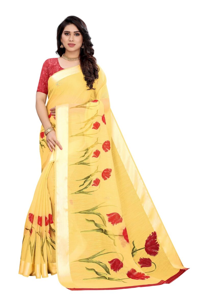 Priyashi Womens Printed Linen Saree with Blouse Piece(VANI Yellow_Free Size) 1